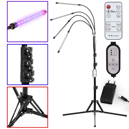 Lampa do doświetlania roślin LED do wzrostu uprawy 4 panele z timerem i pilotem, usb