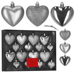 Bombki choinkowe 16 szt. zestaw dekoracji świątecznych, nietłukące, serca, srebrne