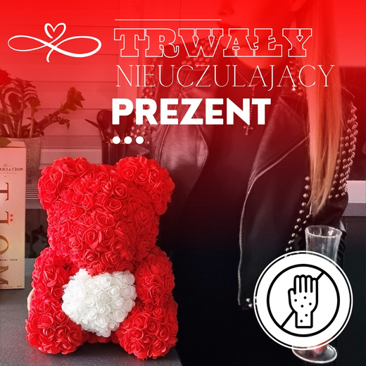 Miś z płatków róż czerwony z sercem, 22 cm rose bear z lampkami LED biały zimny