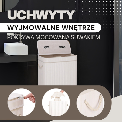 Kosz na pranie 100L z pokrywą biały bambus dwukomorowy