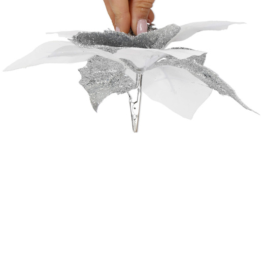 Sztuczna gwiazda betlejemska gałązka poinsecja kwiat biało-srebrny