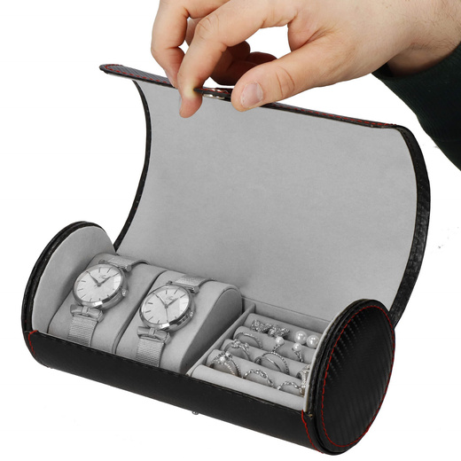 Szkatułka na zegarki czarna carbon organizer z 2 przegródkami
