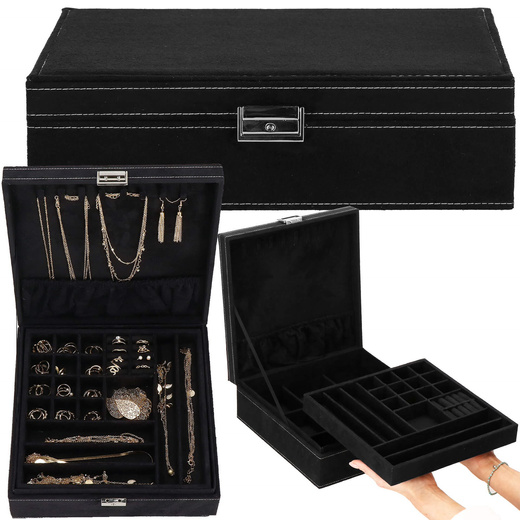 Szkatułka na biżuterię 26x26x9 cm czarny, welurowy organizer z przegródkami