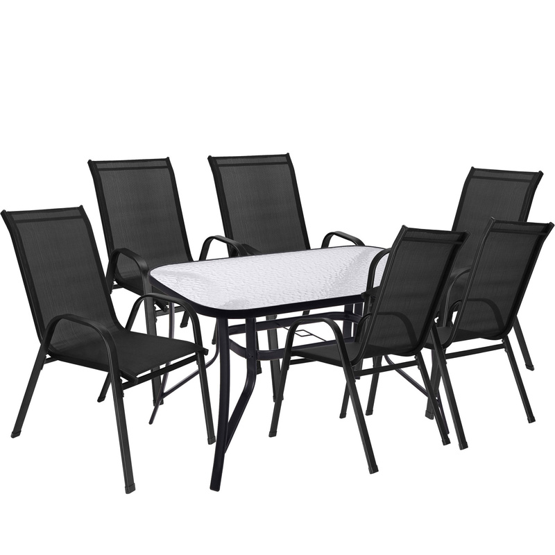 Meble ogrodowe 6 krzeseł metalowych, stół wys. 70 cm ze szkła hartowanego na taras czarny