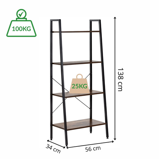 Regał biurowy metalowy 138x56x34 cm z 4 półkami loft nowoczesny drabinka na książki
