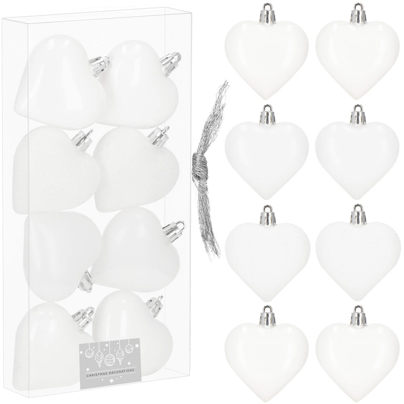 Bombki choinkowe 8 szt. ozdoby świąteczne 7 cm serca, białe