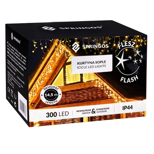 Kurtyna świetlna 300 led girlanda, lampki wewnętrzno-zewnętrzne sople biały ciepły + flash