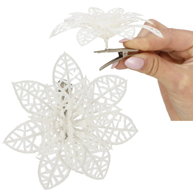 Gwiazda betlejemska, sztuczny kwiat, poinsecja ażurowa, biała z brokatem na klipsie