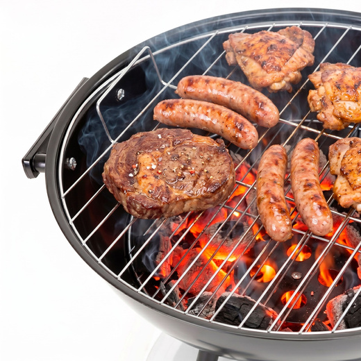 Grill węglowy, zamykany pokrywą okrągły, ruszt 41 cm przenośny, czarno-czerwony