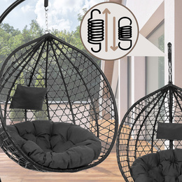 Kokon ogrodowy rattanowy z poduszkami fotel wiszący bujak huśtawka na metalowym stelażu czarna