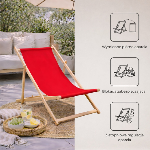 Leżak ogrodowy, drewniany z 3-stopniową regulacją, plażowy, balkonowy, czerwony