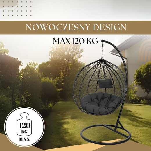Kokon ogrodowy rattanowy z poduszkami fotel wiszący bujak huśtawka na metalowym stelażu czarna