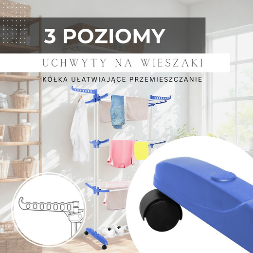 Suszarka na pranie pionowa na kółkach 170x75,5x57 cm składana na ubrania, bieliznę