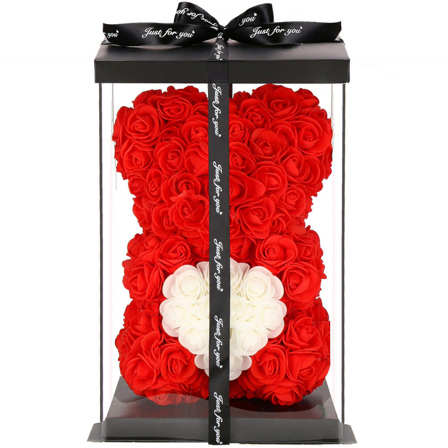 Miś z płatków róż czerwony z białym sercem 22 cm rose bear z opakowaniem