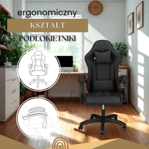 Fotel gamingowy, biurowy z regulacją nachylenia oparcia, krzesło obrotowe dla gracza, ekoskóra, czarny