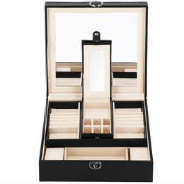 Szkatułka na biżuterię ekoskóra 25 x 25 x 8,5 cm czarny organizer z przegródkami i lusterkiem