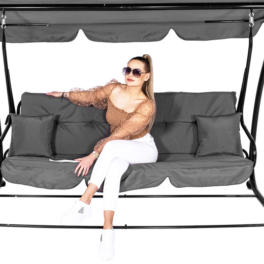 Huśtawka ogrodowa linda 4 osobowa 300 kg stalowa z regulowanym daszkiem szara