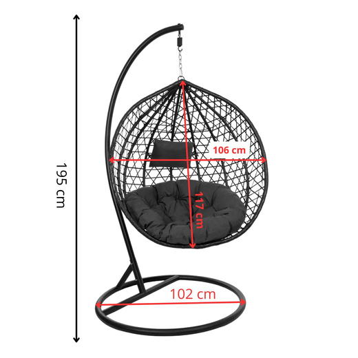 Kokon ogrodowy rattanowy z poduszkami fotel wiszący bujak huśtawka na metalowym stelażu czarna