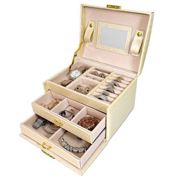 Szkatułka na biżuterię ekoskóra 17,5x14x12,5 cm ecru organizer z przegródkami