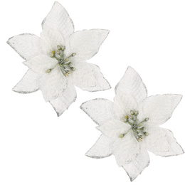 Gwiazda betlejemska, sztuczny kwiat poinsecja srebrna z brokatem, na klipsie