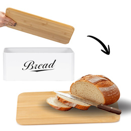 Chlebak metalowy, zamykany z bambusową deską, pojemnik na pieczywo, biały
