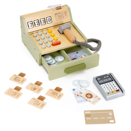 Kasa sklepowa, drewniana zabawka dla dzieci, terminal kart, banknoty, multikolor