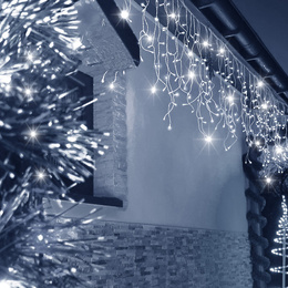 Kurtyna świetlna 14,5 m girlanda, lampki wewnętrzno-zewnętrzne 300 led sople zimny biały z flash