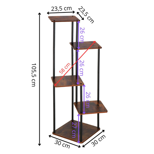 Kwietnik metalowy 105,5 cm stojak na kwiaty z 5 półkami loft czarno-brązowy