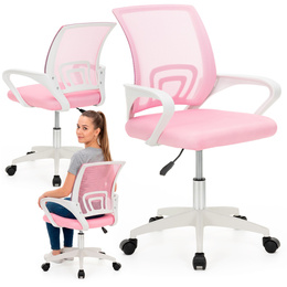 Fotel biurowy ergonomiczny obrotowe krzesło na kółkach regulowane, uniwersalne, różowe