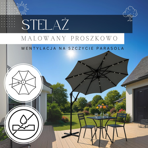 Parasol ogrodowy z oświetleniem led na wysięgniku 300 cm składany na balkon, taras grafitowy
