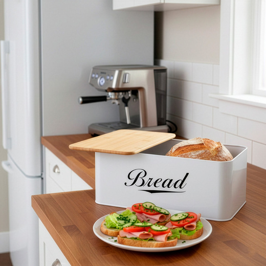 Chlebak metalowy, zamykany z bambusową deską, pojemnik na pieczywo, biały