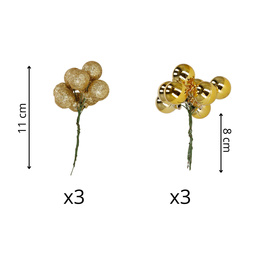 Bombki choinkowe, komplet 6 szt. dekoracja do stroika, mini bomki 54 szt. na druciku, złote