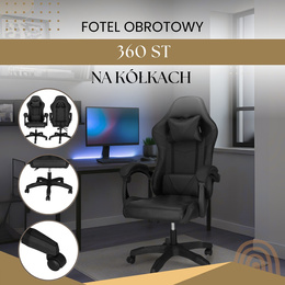 Fotel gamingowy, biurowy z regulacją nachylenia oparcia, krzesło obrotowe dla gracza, ekoskóra, czarny