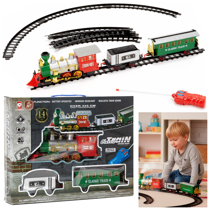 Lokomotywa z wagonami, pociąg parowy, sterowany, na baterie, tory