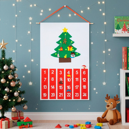 Kalendarz adwentowy, wiszący z 24 przegródkami, 10 zawieszek na choinkę, multikolor