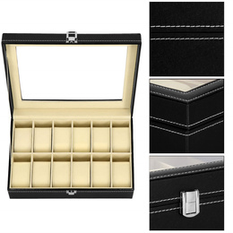 Szkatułka na zegarki 30x20x8 cm czarno-kremowa, ekoskóra organizer z 12 przegródkami