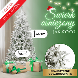 Choinka sztuczna 220 cm świerk premium ośnieżony jak żywy, nowoczesny, ze stojakiem