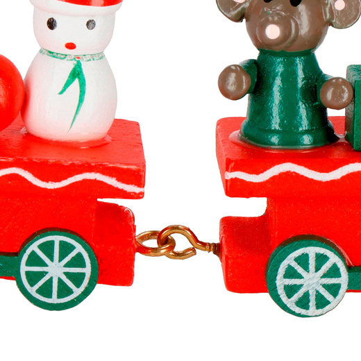 Drewniany pociąg z wagonikami, dekoracja, ozdoba świąteczna, wystrój wnętrz