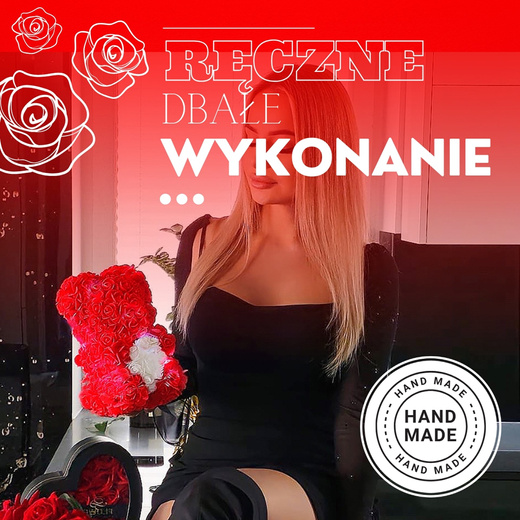 Miś z płatków róż czerwony 25 cm rose bear z białym sercem