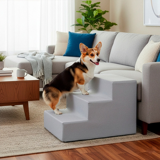 Schodki dla psa do łóżka 30 cm podest, rampa 3-stopniowa, miękkie schody szare
