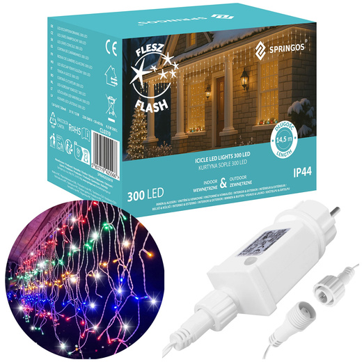 Kurtyna świetlna 300 led girlanda, lampki wewnętrzno-zewnętrzne sople multikolor z zimnym białym flash