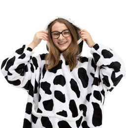 Kocobluza damska oversize koc bluza 2w1 z kapturem ciepła szlafrok futrzak czarno-biały