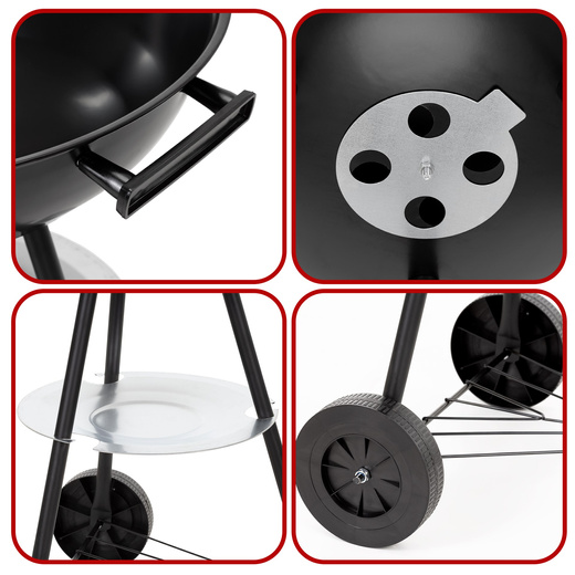 Grill węglowy, zamykany pokrywą okrągły, ruszt 41 cm przenośny, czarno-czerwony