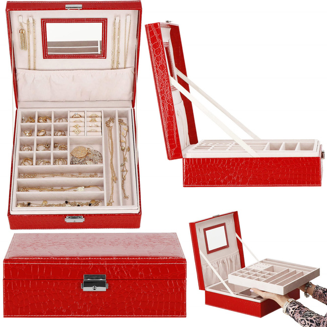 Szkatułka na biżuterię ekoskóra 26x26x8,5 cm czerwony organizer z przegródkami