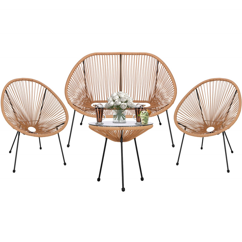 Zestaw mebli rattanowych 2 fotele ażurowe, okrągły stolik ze szklanym blatem, sofa beżowe