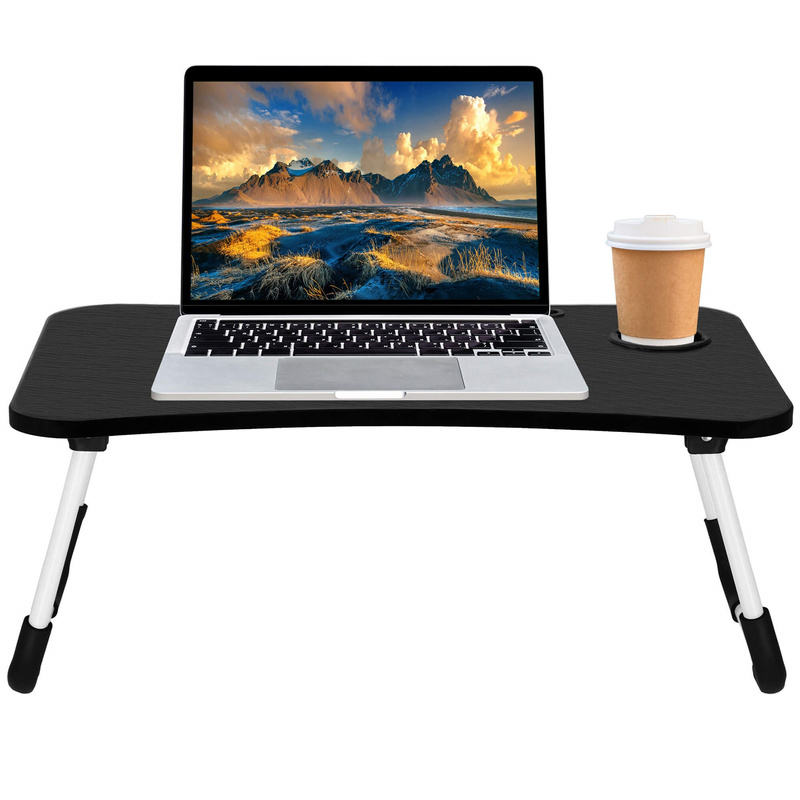 Stolik pod laptop z miejscem na kubek i tablet, składana podstawka na komputer czarna
