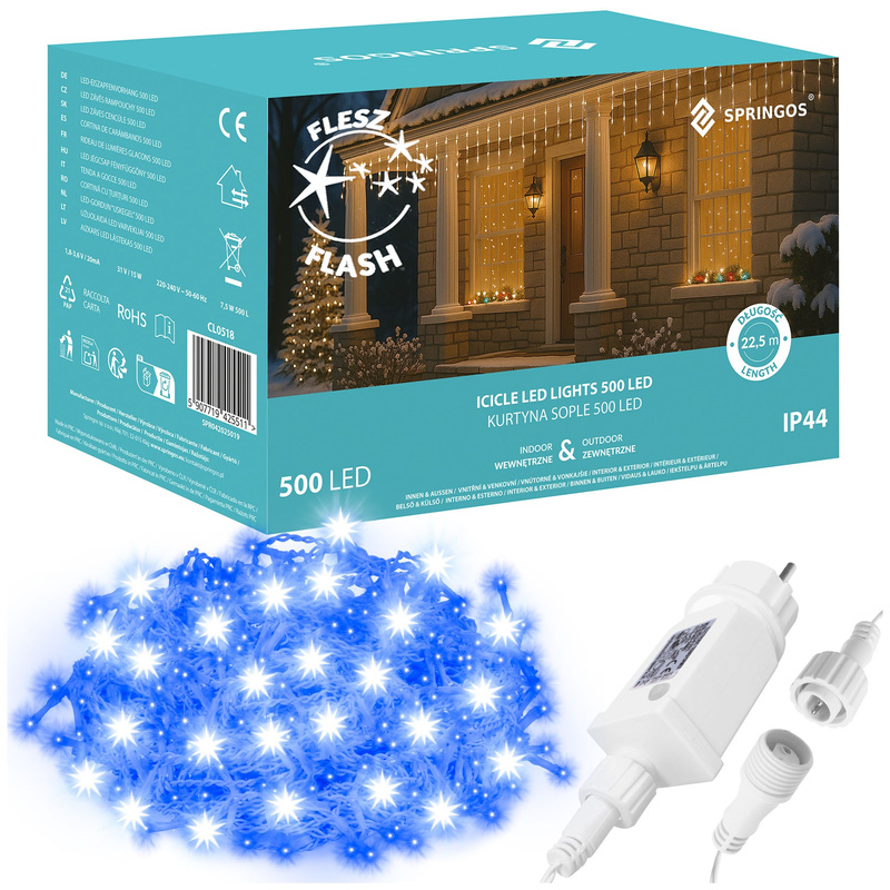 Kurtyna świetlna 500 led girlanda, lampki wewnętrzno-zewnętrzne sople niebieski z zimnym białym flash