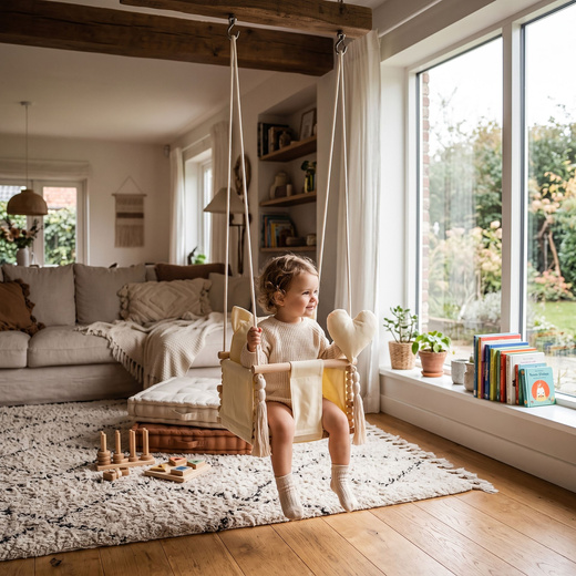 Huśtawka dla dziecka z poduszką, kubełkowa, drewniana, boho beżowa