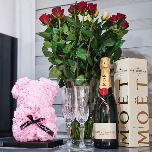 Miś z płatków róż 22 cm rose bear z kokardką i opakowaniem różowy