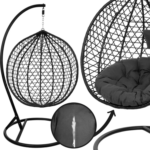 Kokon ogrodowy rattanowy z poduszkami fotel wiszący bujak huśtawka na metalowym stelażu czarna